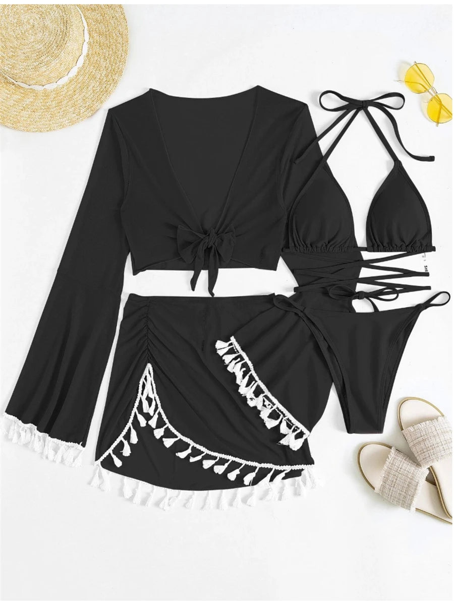 Conjunto 4 peças beachwear sólido detalhe lateral – Vanthéon