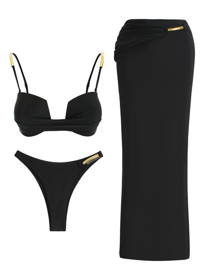 Top spaghetti preto elegante com saia longa detalhe – Vanthéon beachwear